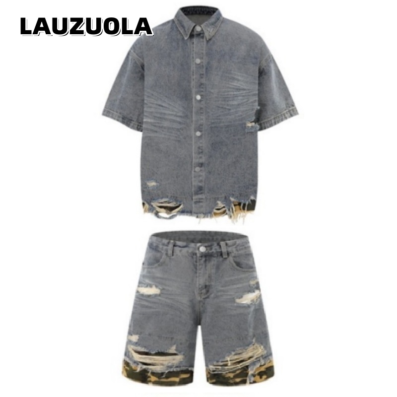 Streetwear Zipper - Men's Distressed Ripped Denim Short Sleeve