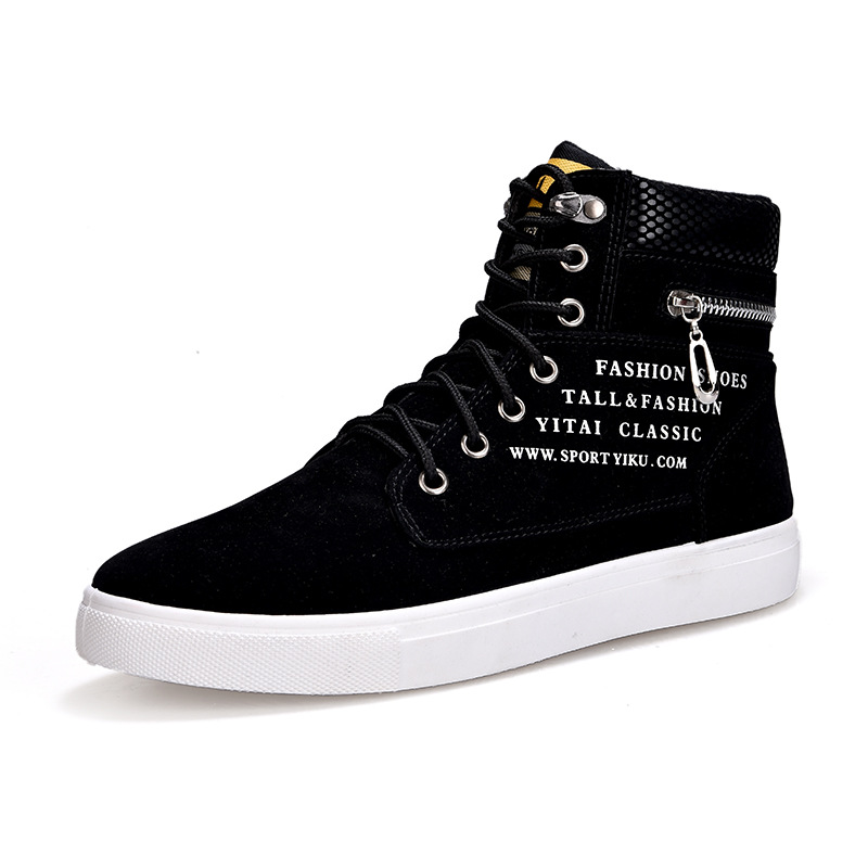Streetwear Zipper - Men's Black High-Top Sneakers Lace-up Fashion