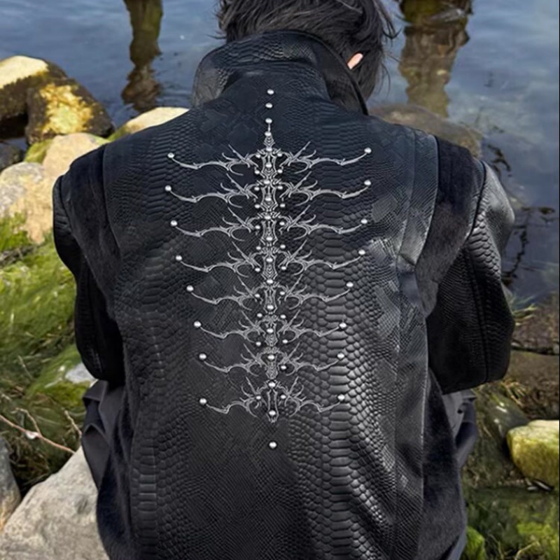 Men Black Snake Embossed Jacke - огляд і ціна Streetwear Zipper